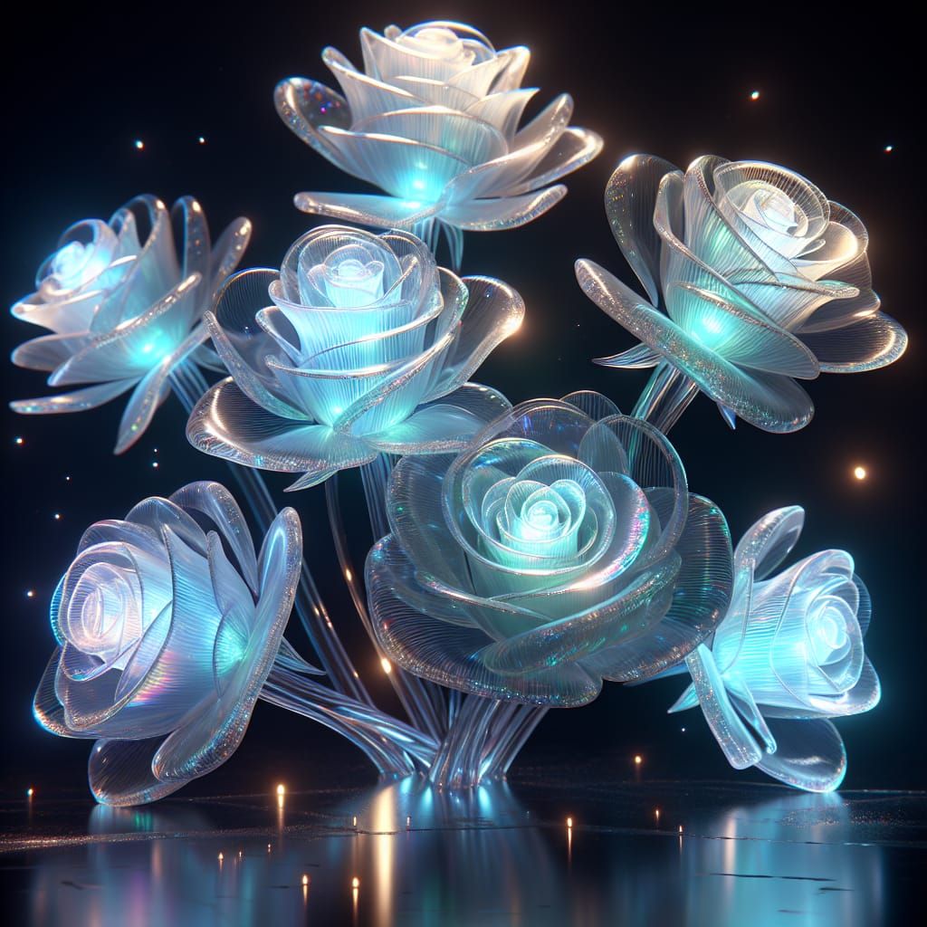 Bioluminescent Iridescent Glass Roses in High-Resolution CGI
