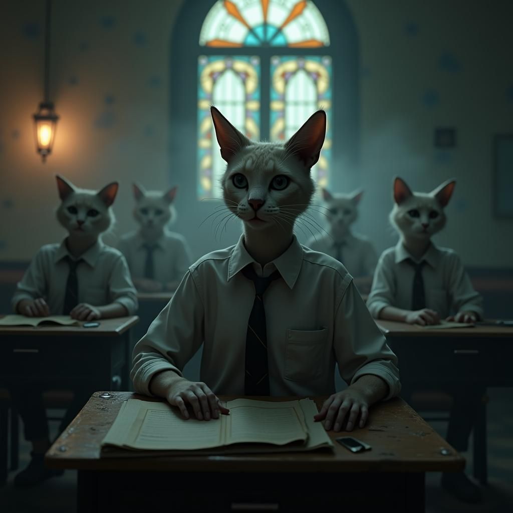 Melancholic Feline Student in Mystical Schoolroom
