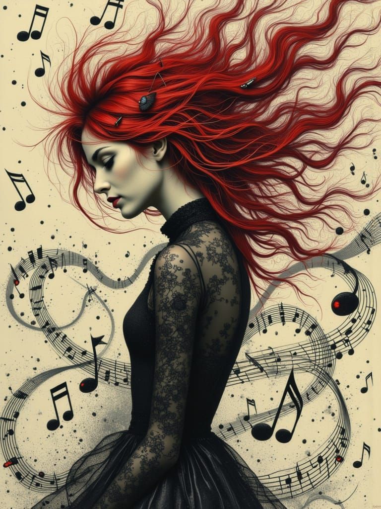 Melancholic Gothic Woman Dancing with Musical Notes