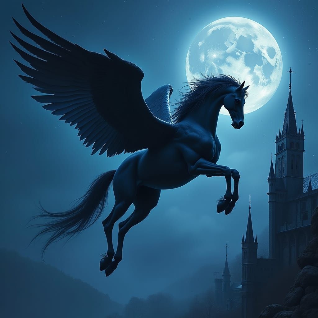 Pegasus Soaring Over Gothic Castle, Digital Art Style