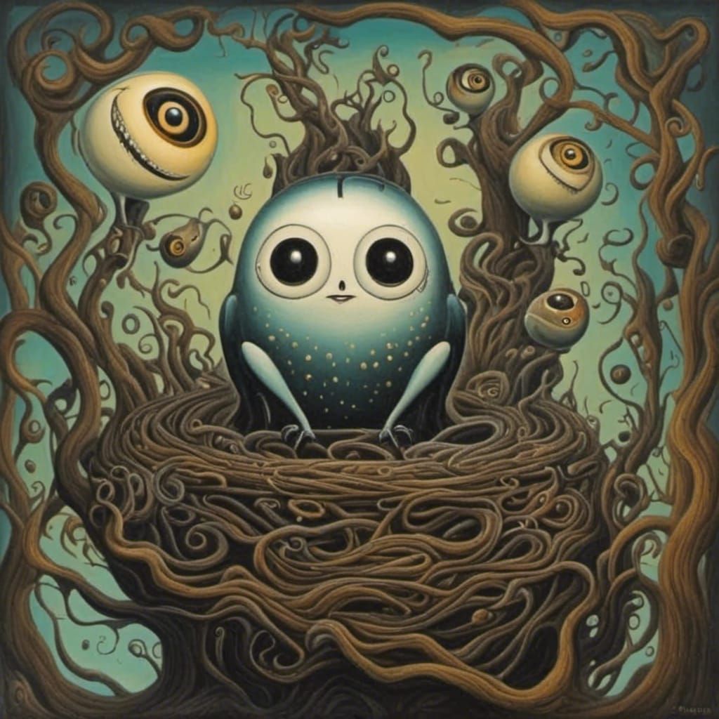 Psychedelic Charcoal Monsters Nest Drawing