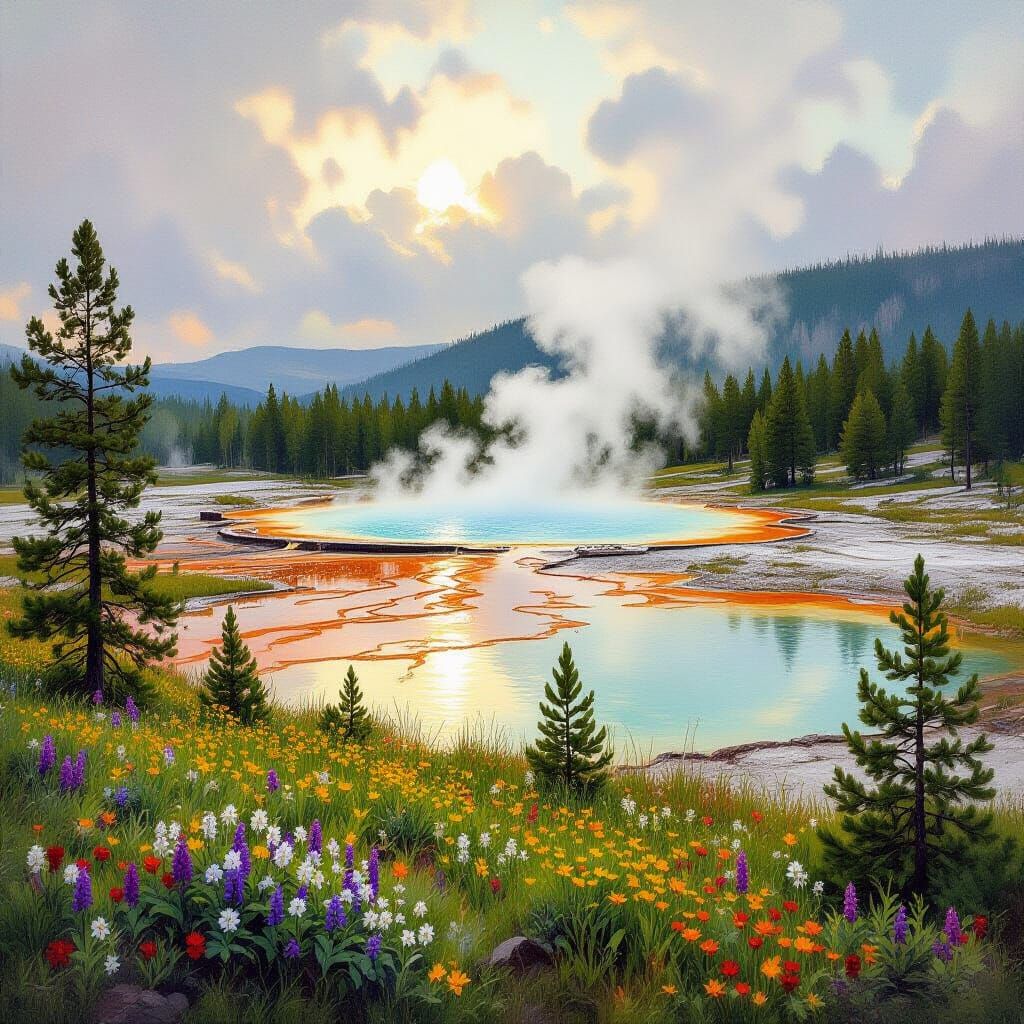Misty Yellowstone Geothermal Landscape Painting