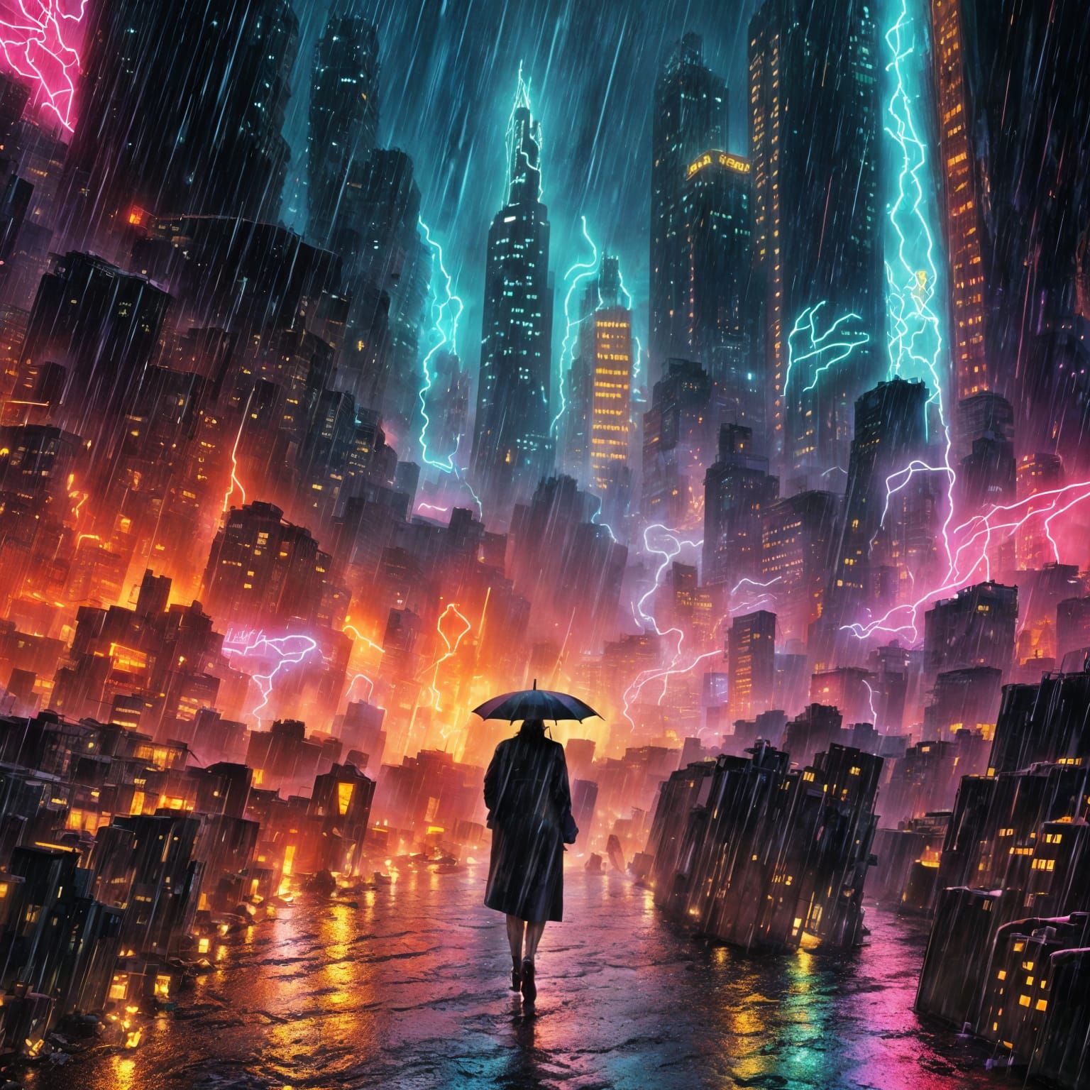Blade Runner Angel Descends on Rainy City Streets
