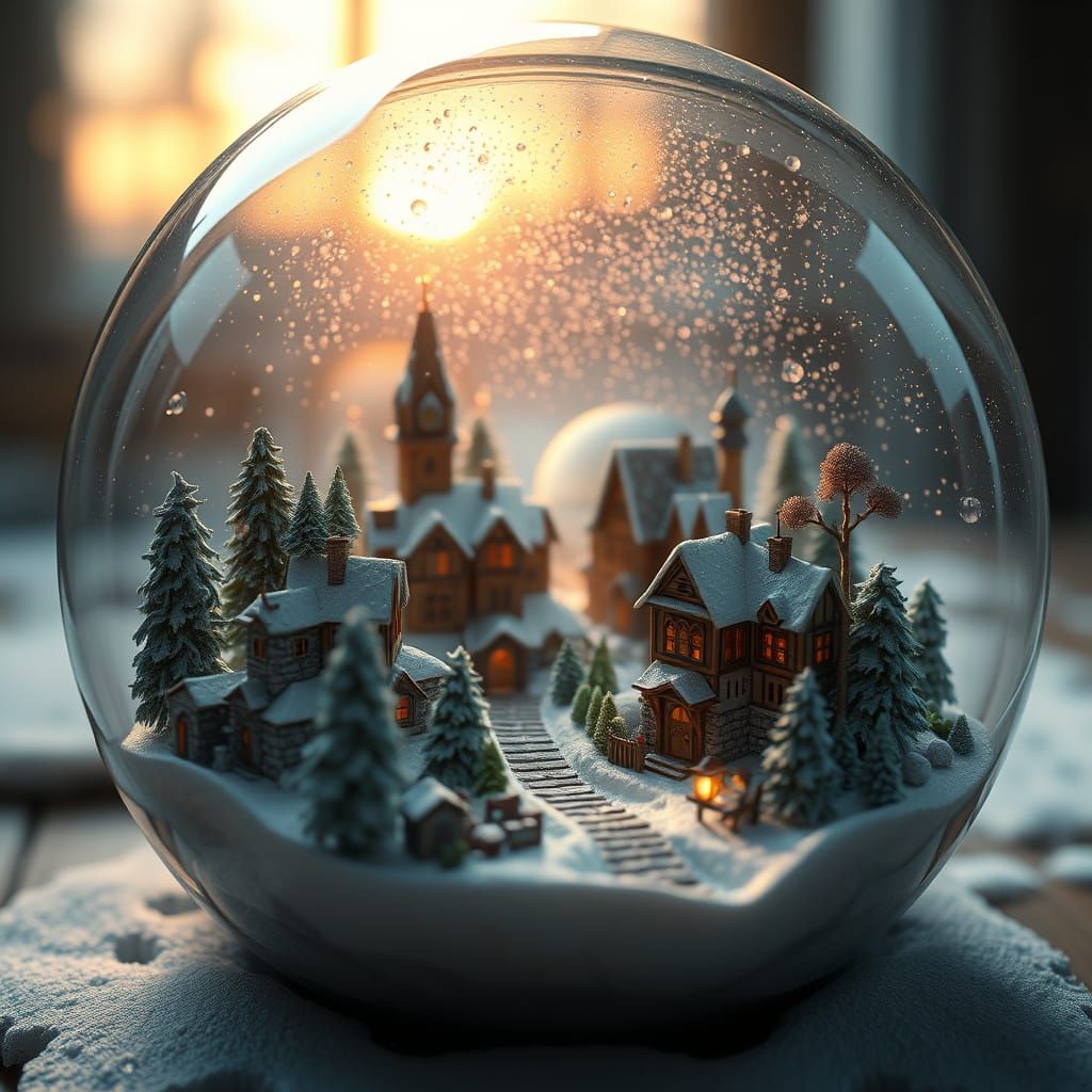 Whimsical Winter Village Scene in Art Nouveau Style