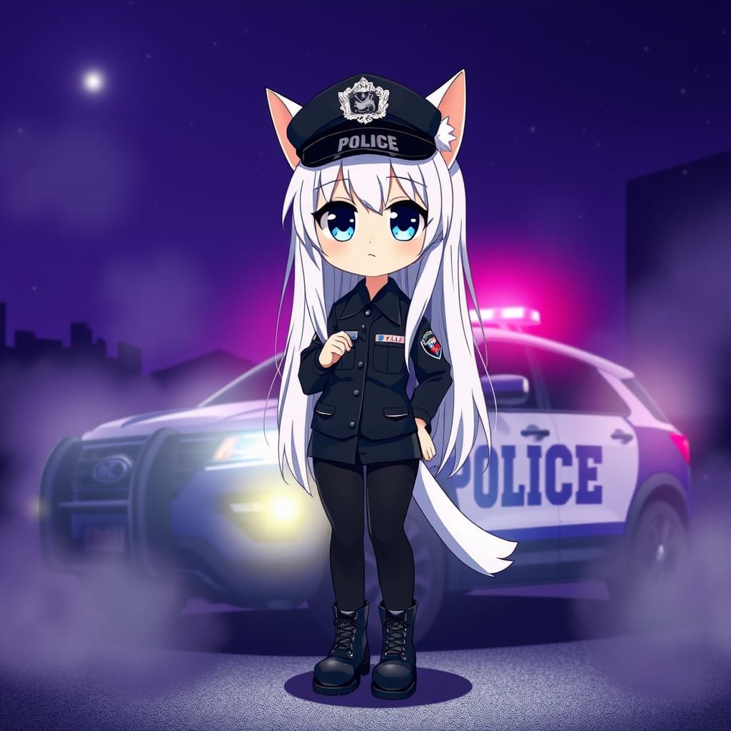 Cute Anime Catgirl Police Officer Under the Stars