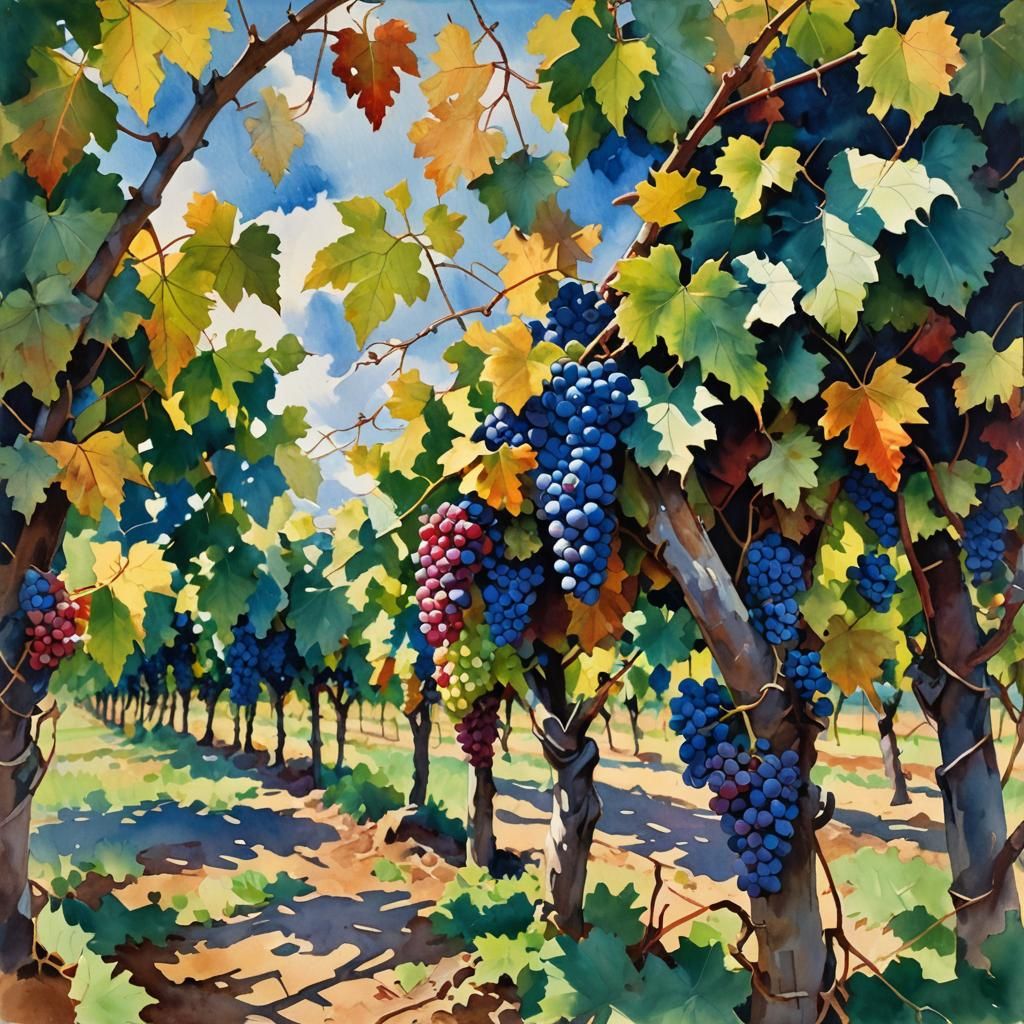 Vineyard Gouache Painting with Thick Brush Strokes