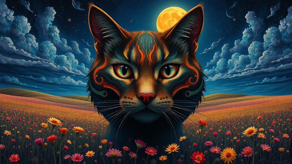 Dreamlike Cat in Art Brut Style with Swirling Patterns