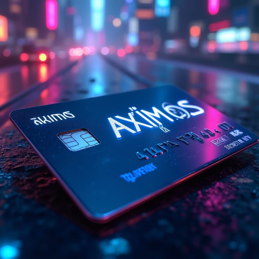 Sleek Metallic Credit Card "Aximos" in Neon Cyberpunk City