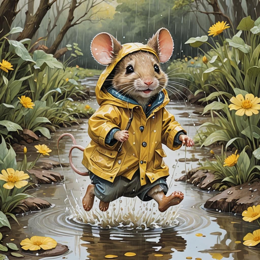 Mouse in Yellow Raincoat Splashing, Gouache Storybook Art