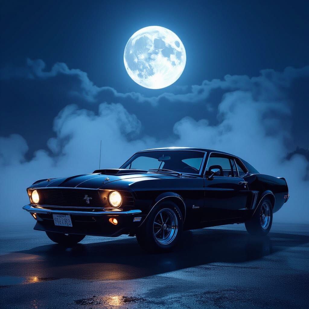 Sleek 1960s Muscle Car Under Full Moon