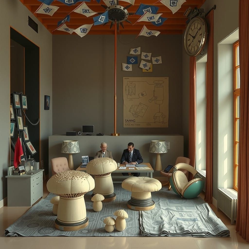 Whimsical Sculpture of Giant Mushroom Flags in Freemason-Ins...