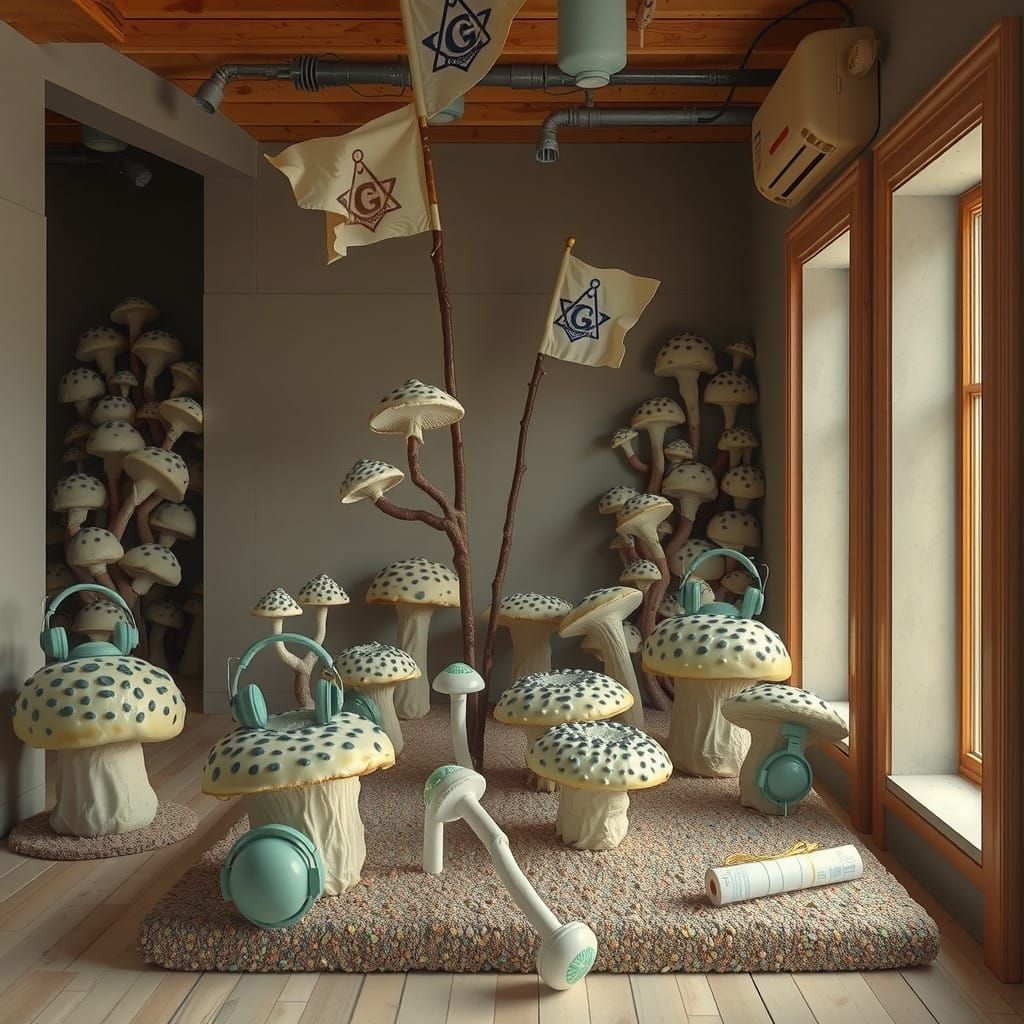 Surreal Linocut Fungi Flags Wave in a Whimsical, Biomechanic...