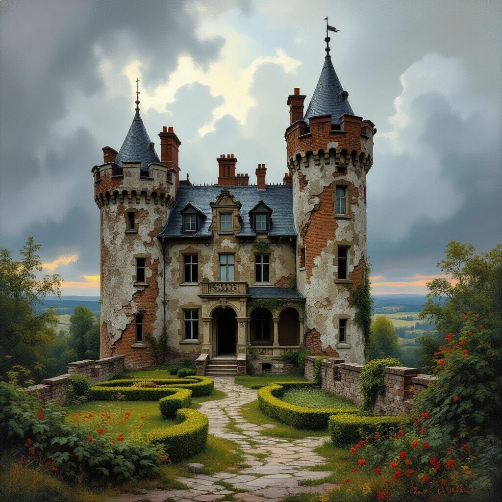 Majestic Castle Ruins on Stormy Day: Oil Painting