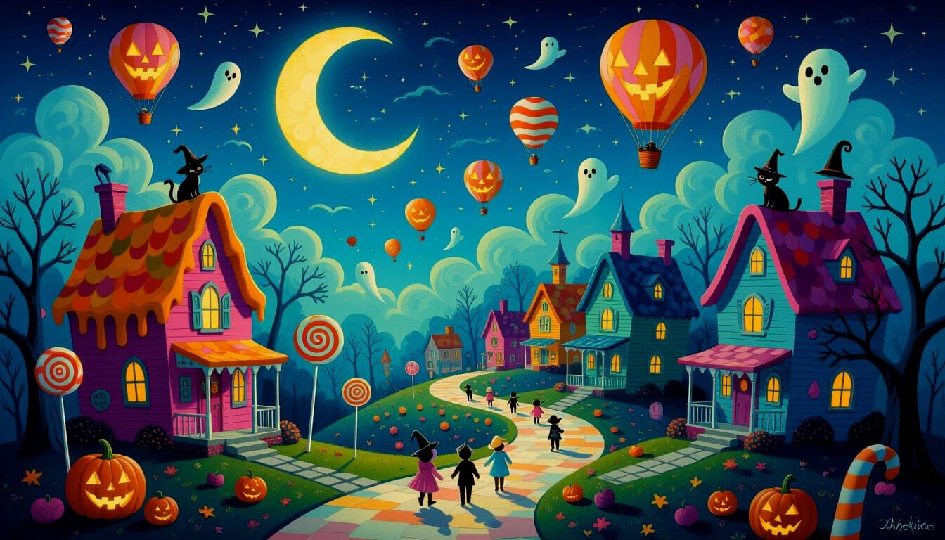 Whimsical Halloween Village Under Crescent Moon