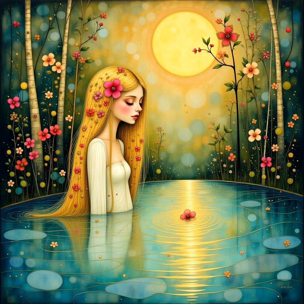 Ethereal Woodblock Print of Serene Pool Scene