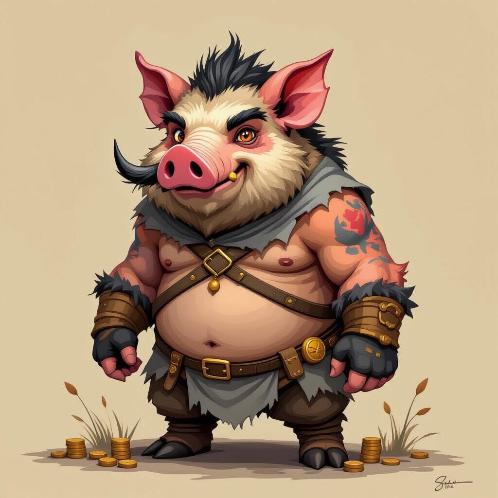 Grintusk: Stocky Boar-Humanoid Merchant of Trinkets