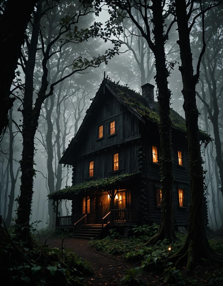 Ominous Cabin Facade in Foggy Forest, Gothic Style