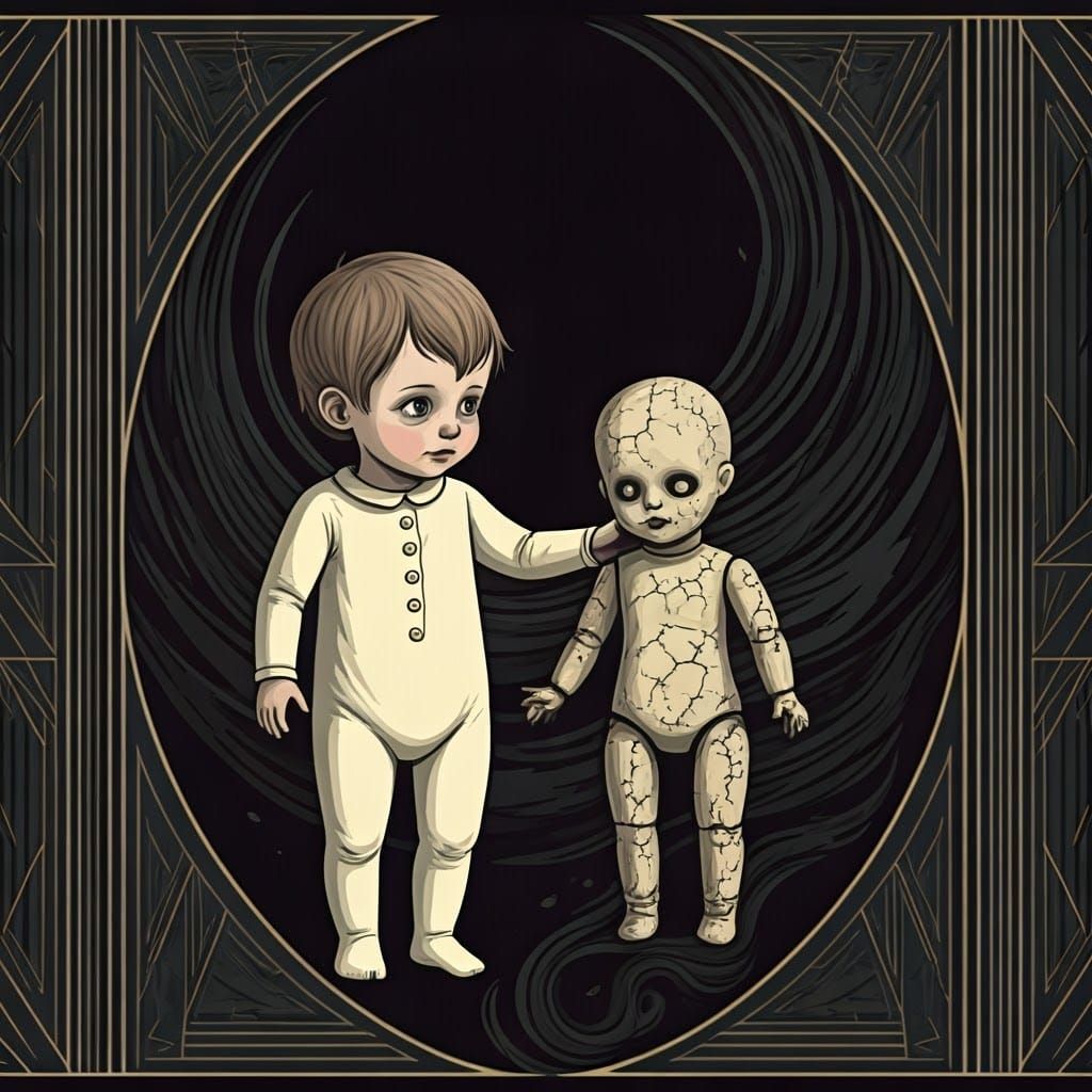 A child picking up a cursed doll and becoming possessed, you can clearly see the darkness of the doll enveloping the chi...