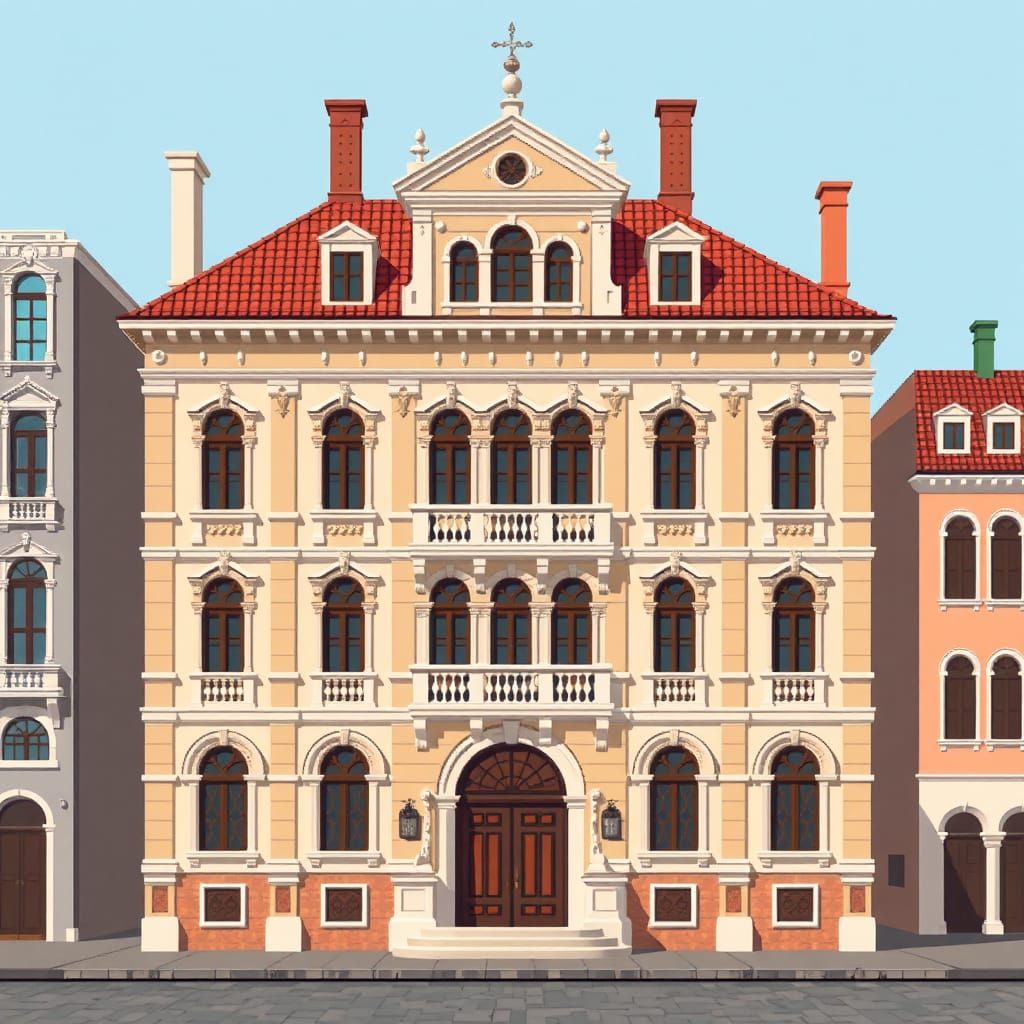 pixel art flat 2D renaissance venice building, front view, flat 2D