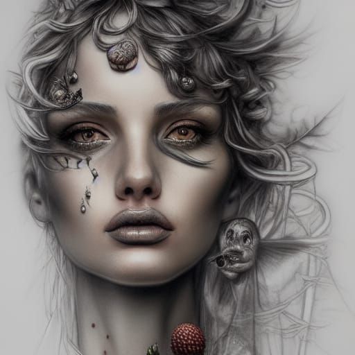 Mushroom Goddess Portrait in Charcoal and Pastel Style