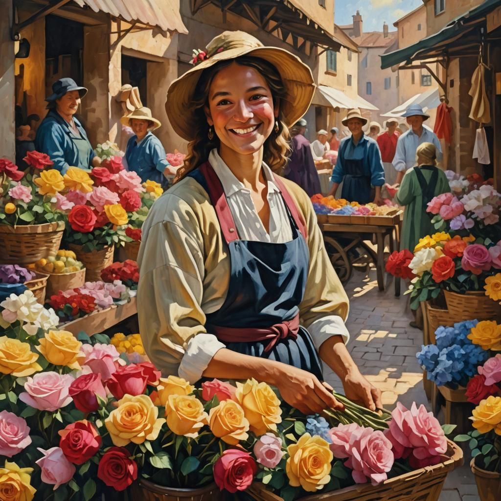 Smiling Rose Seller in Sunlit Market: Oil Painting