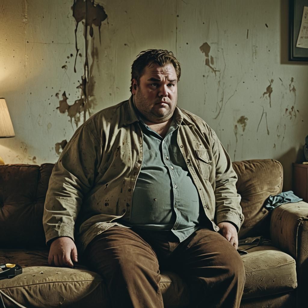 Cinematic Still: Man on Sofa in Dirty Apartment