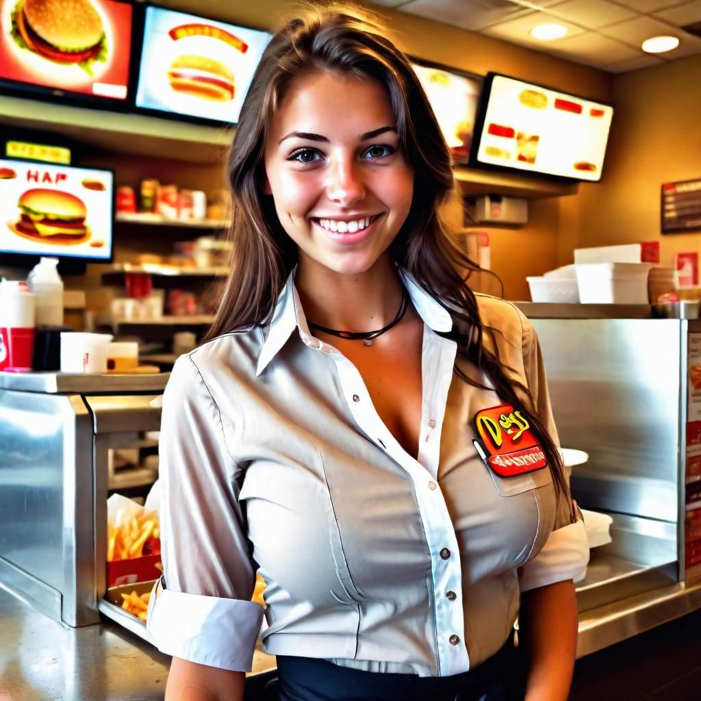 Petite Brunette Fast Food Employee at Work