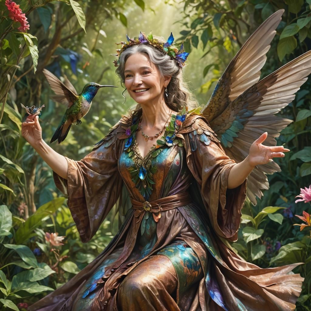 Fairy Grandmother on Hummingbird in Fantasy Realism