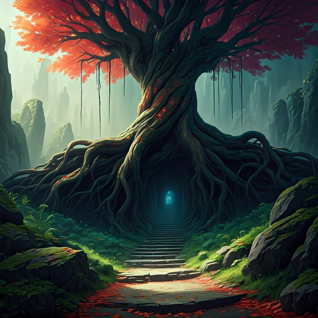 Ancient Tree Sentinel in Hidden Grove: Digital Matte Paintin...