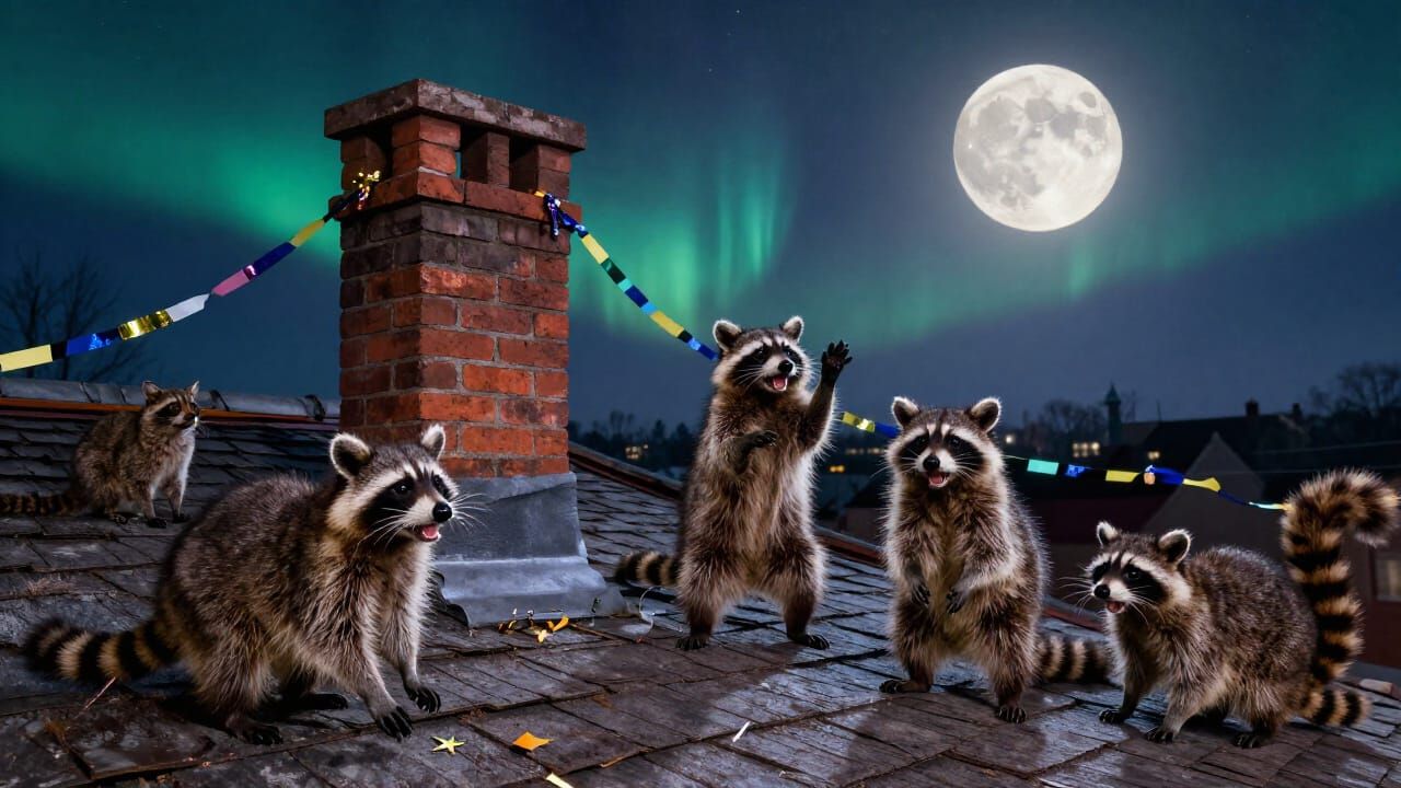 Raccoons Celebrate New Year's Eve on Rooftop Under Northern ...