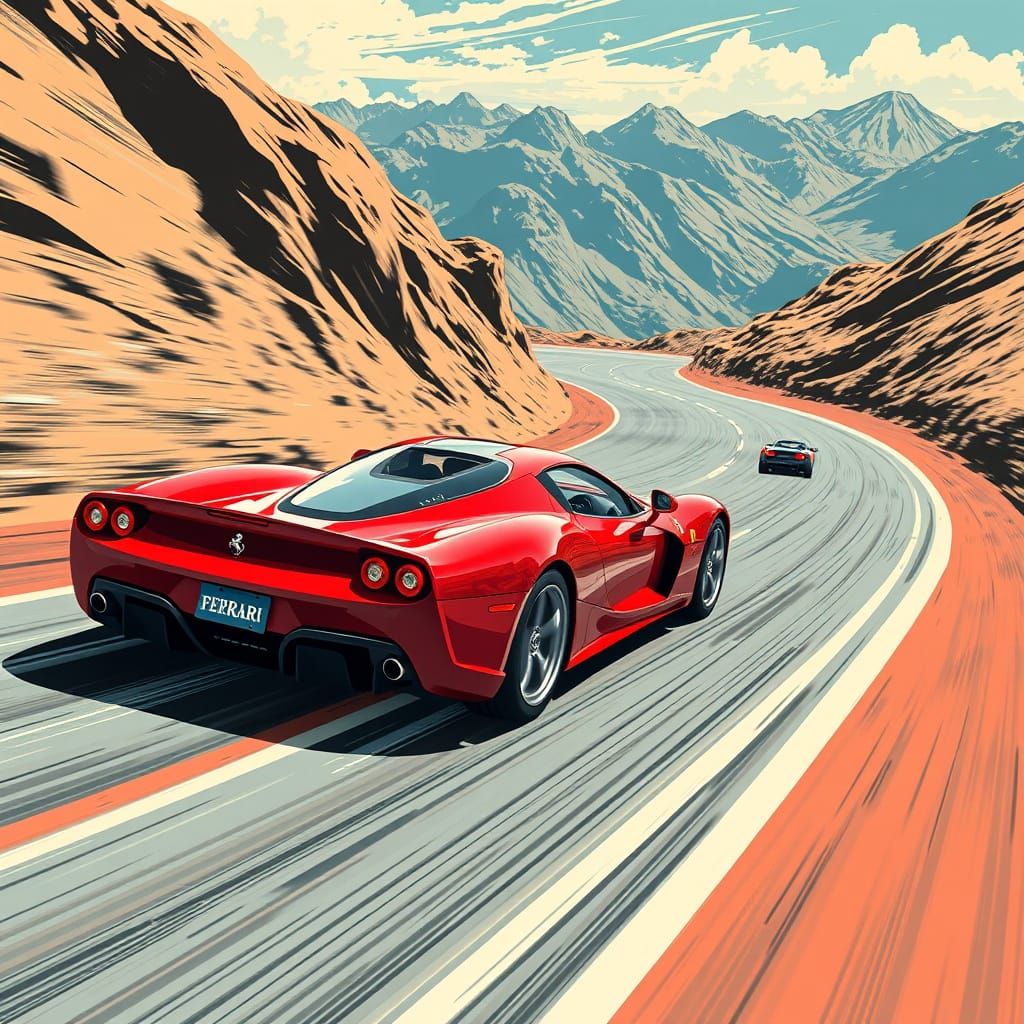 Ferrari Sports Car on Mountain Road in Futuristic Style