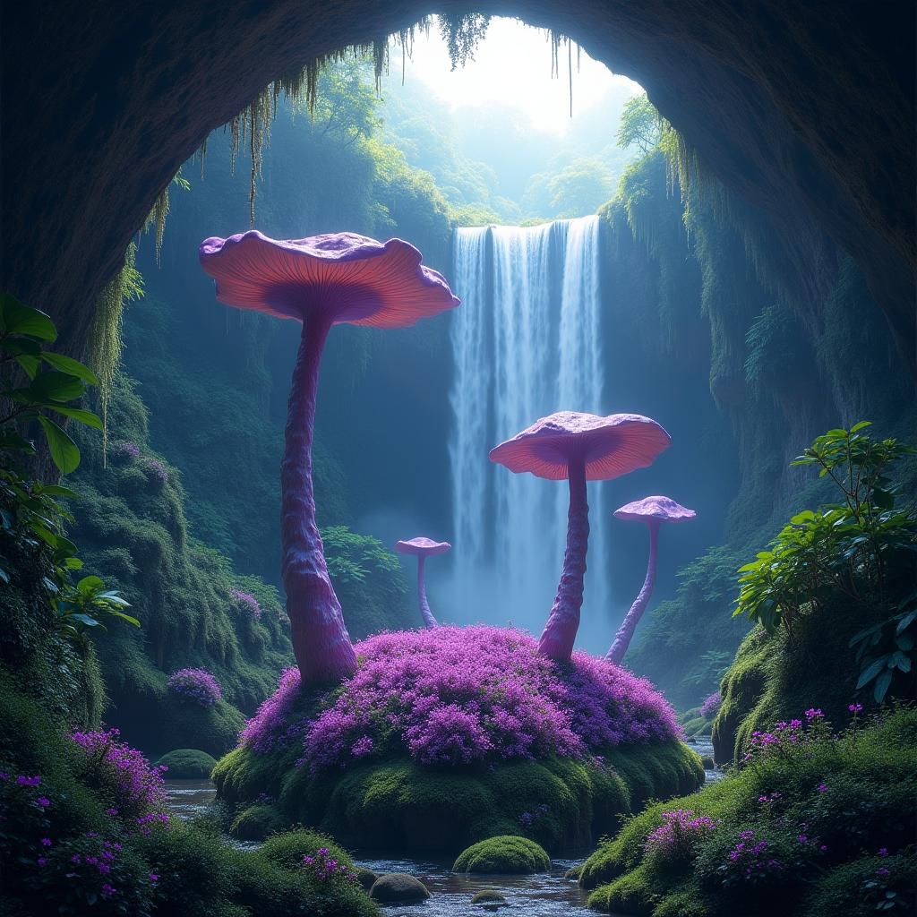 Surreal Mushroom Island with Waterfalls in Digital Art