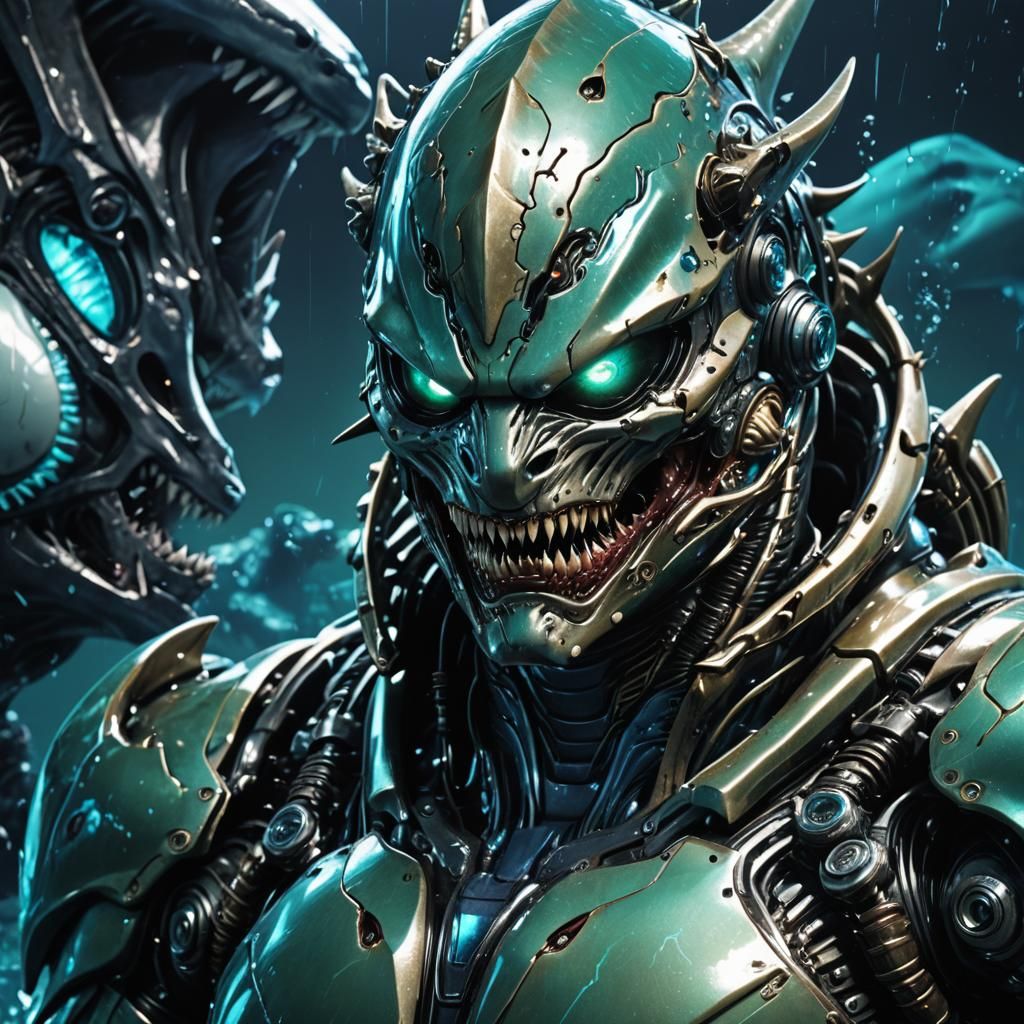 Biomechanical Shark Encounter in Sci-Fi Style