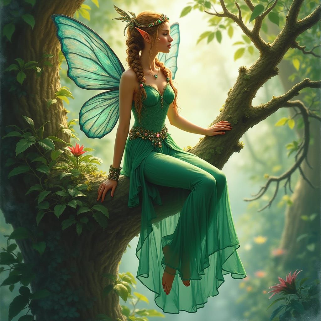 Whimsical Fantasy Elf with Iridescent Wings in the Jungle