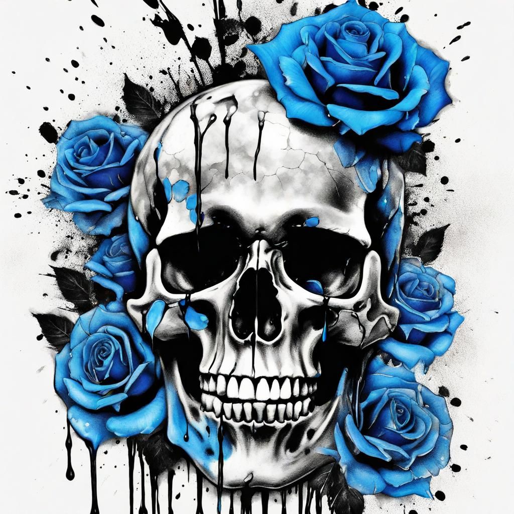 Trash Polka Skull Tattoo with Blue Roses