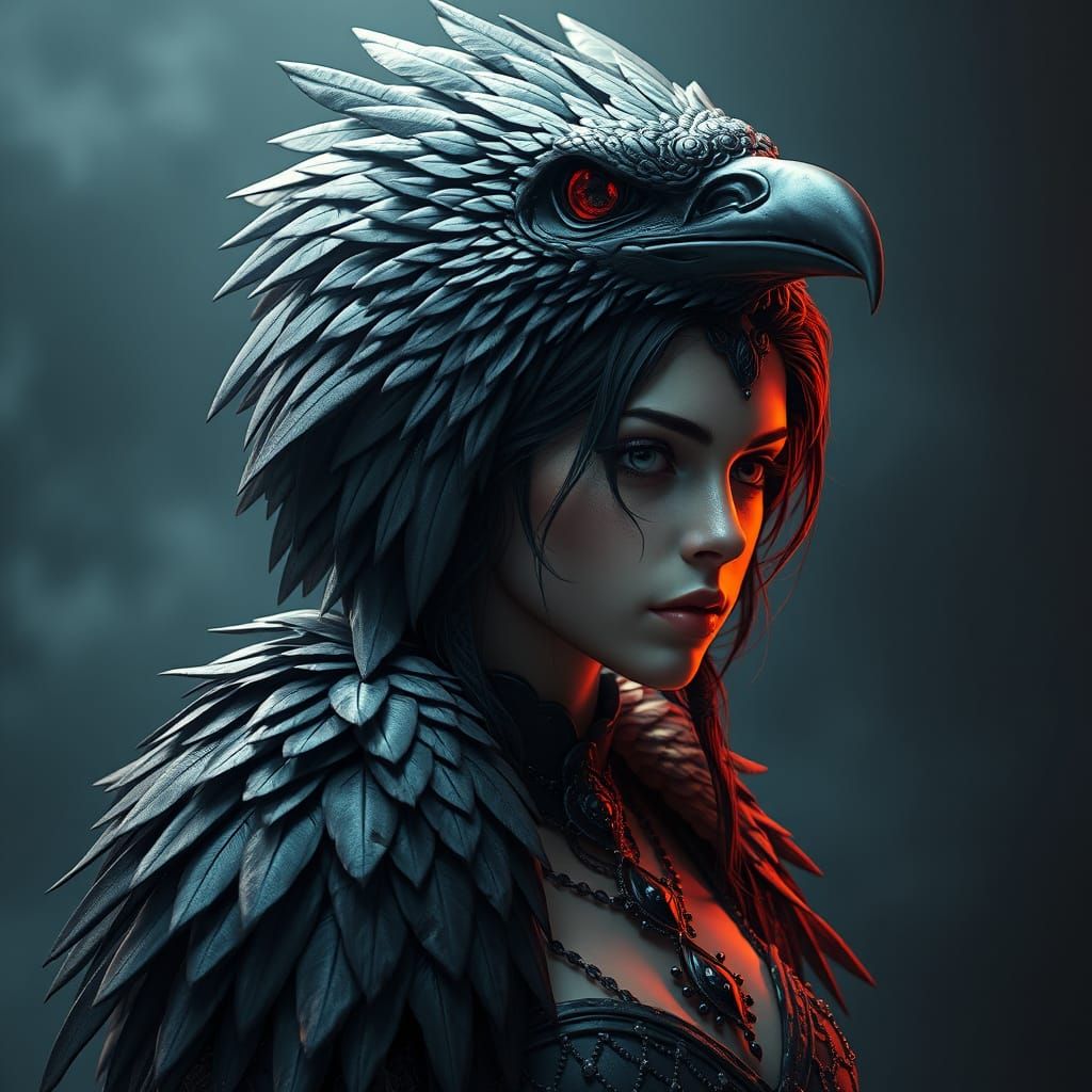 Mystical Raven Woman in Hyperdetailed Fantasy Style