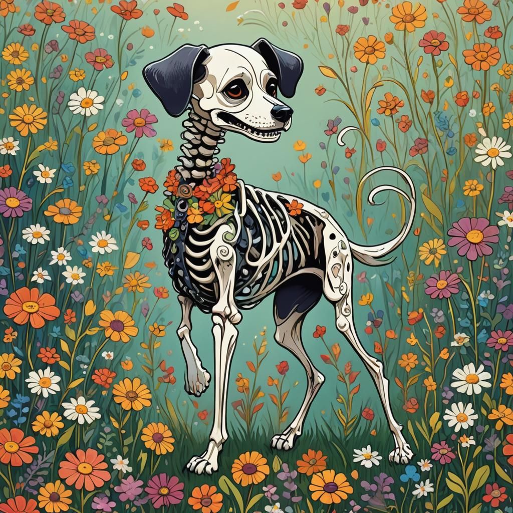 Whimsical Macabre Skeleton Dog in Floral Field