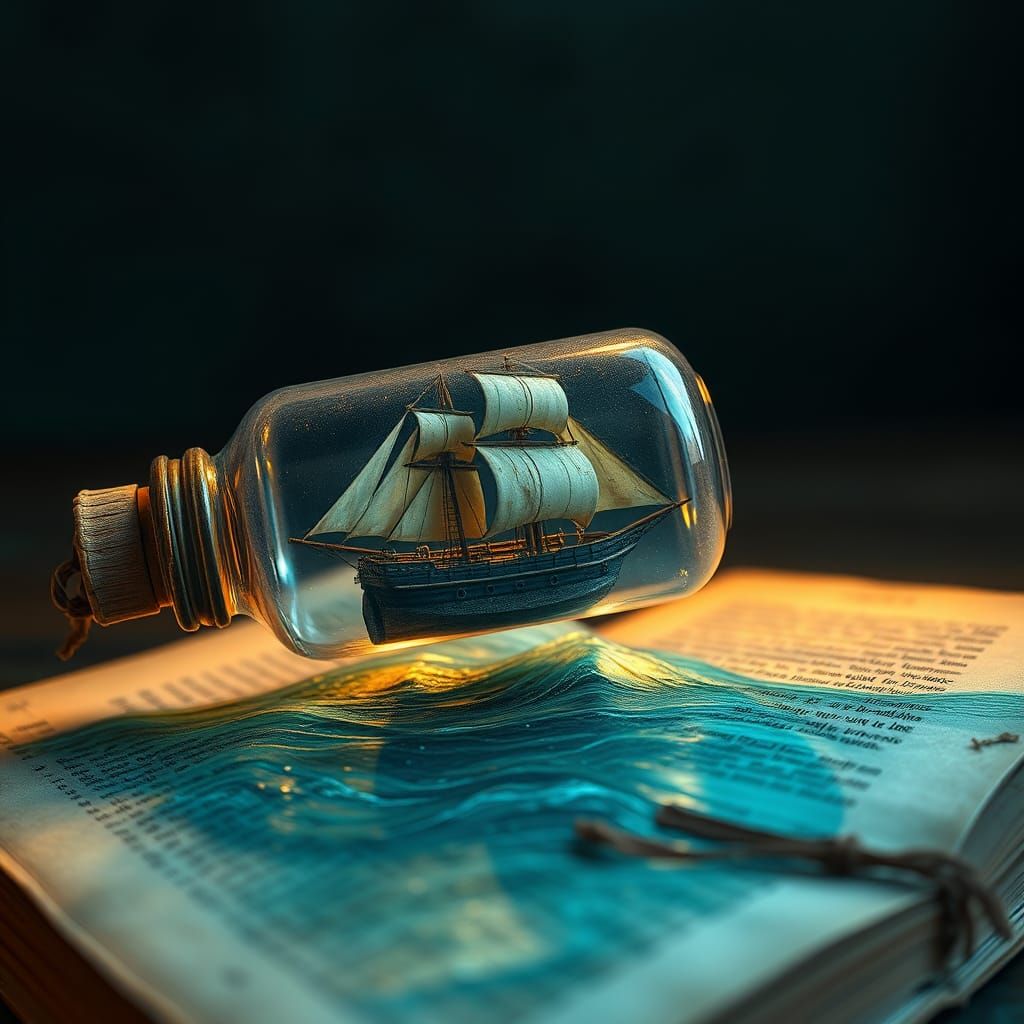 Ship in a Bottle on Book Sea: Digital Matte Painting