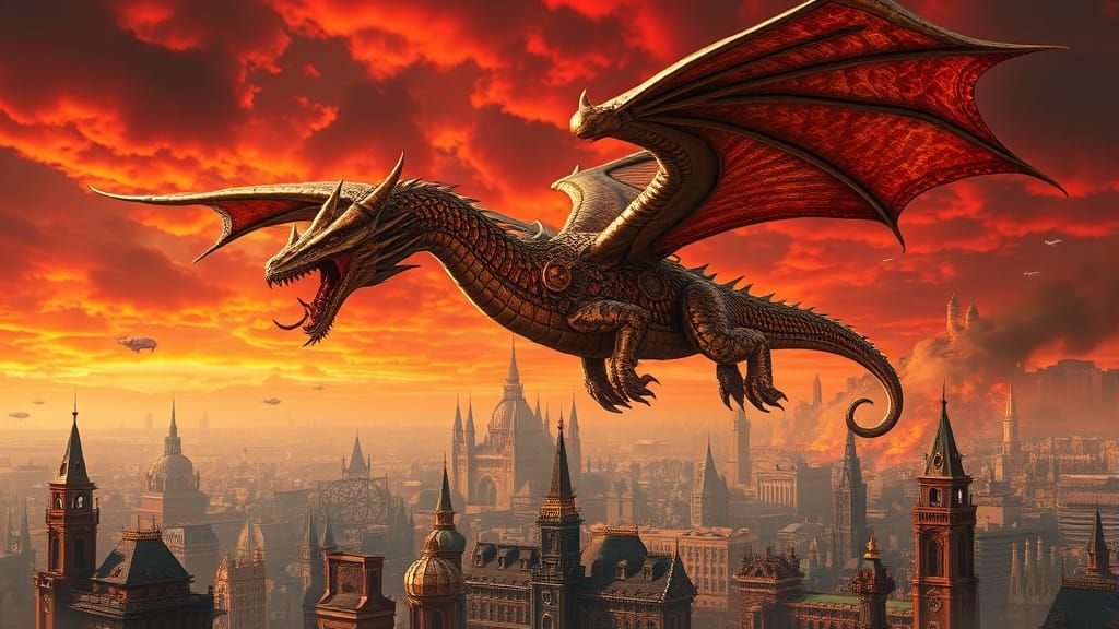 Steampunk Dragon Soaring Over Clockwork City in Art Nouveau ...