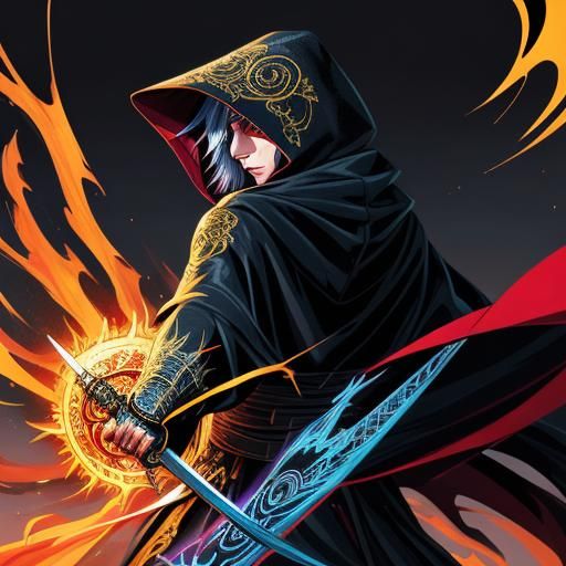 Anime Figure with Sun Symbol, Gold and Silver Flames