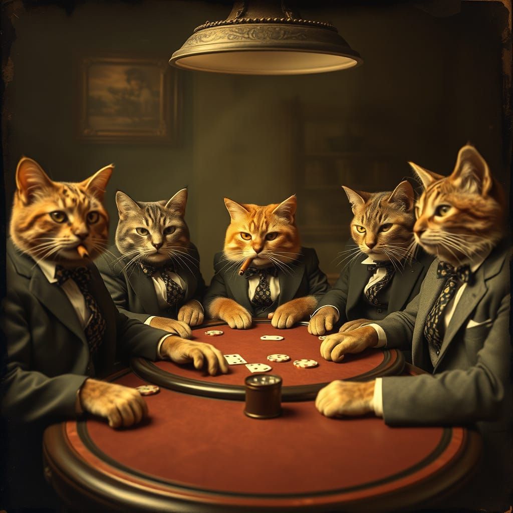 Dapper Cats Play Poker in Vintage Photo Style