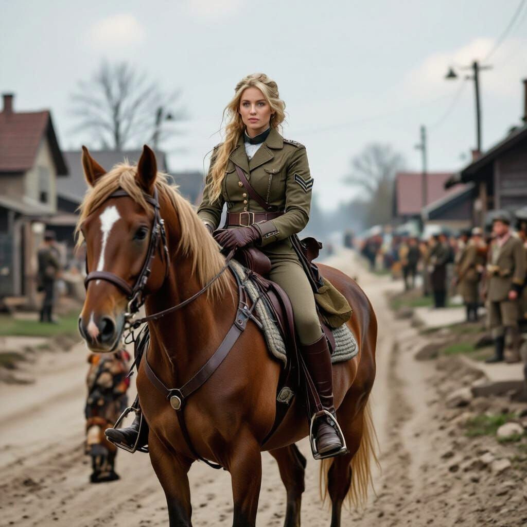 Woman in Combat Gear Rides Horse on Road to Front