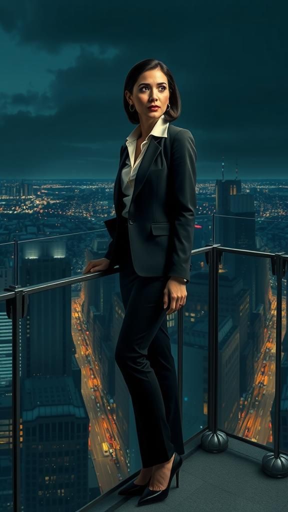 Dramatic Night Cityscape with Woman, Film Noir Style