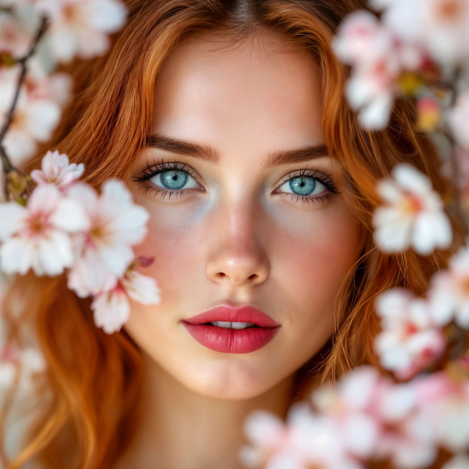 Vibrant Portrait of a Young Woman Among Cherry Blossoms