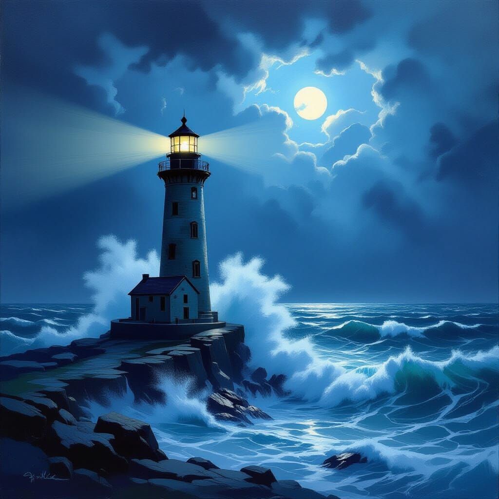 Lighthouse Beam Pierces Stormy Night Sea in Painterly Style