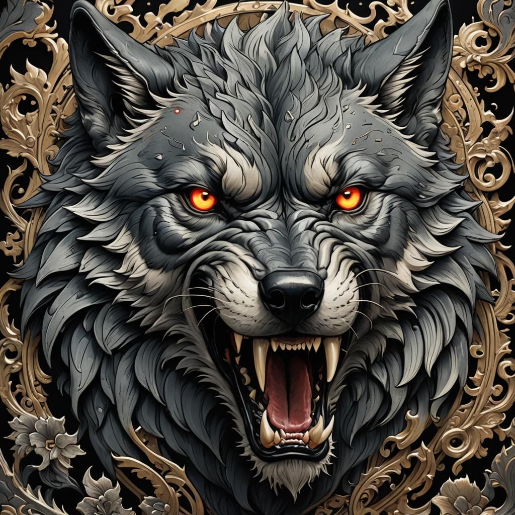 Angry Snarling Wolf Emoji in Cartoon Art Style