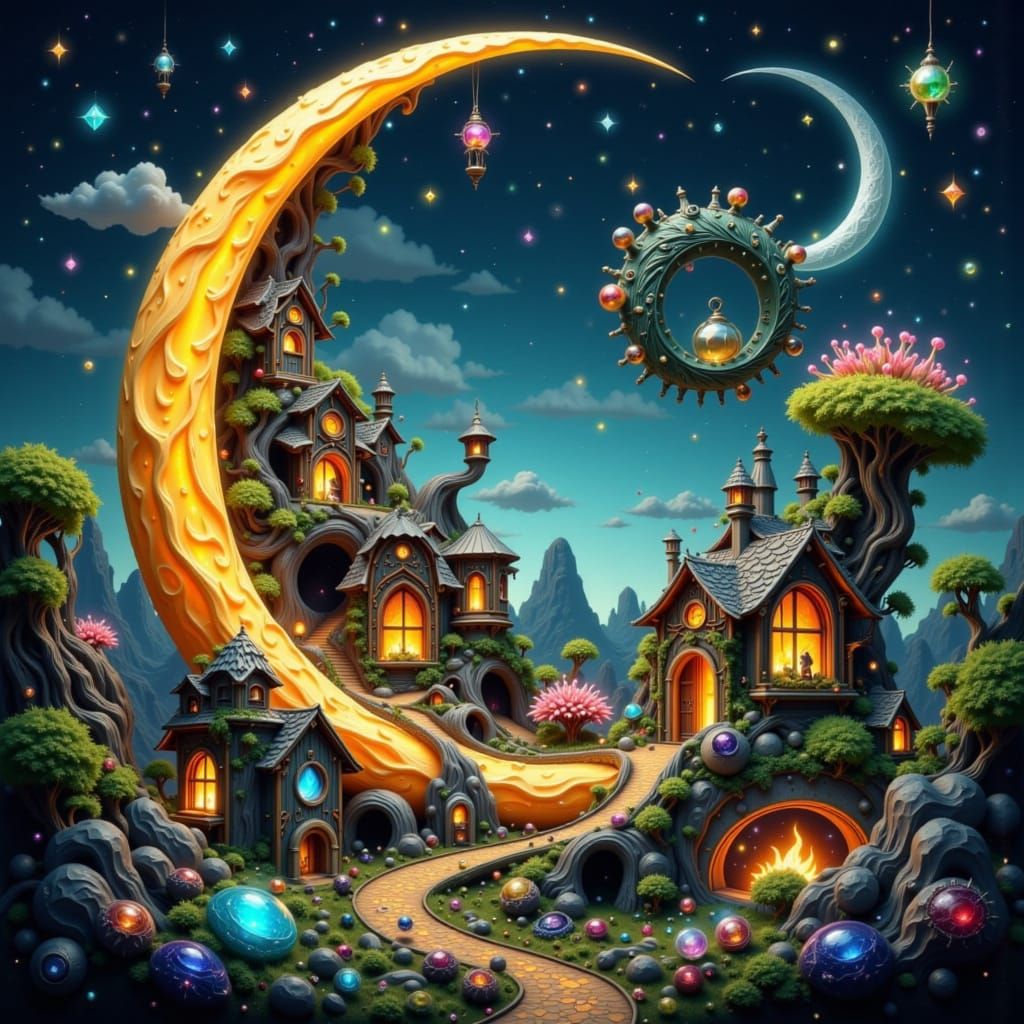 Miniature Village in Ornate Crescent Moon, Fantasy Illustrat...