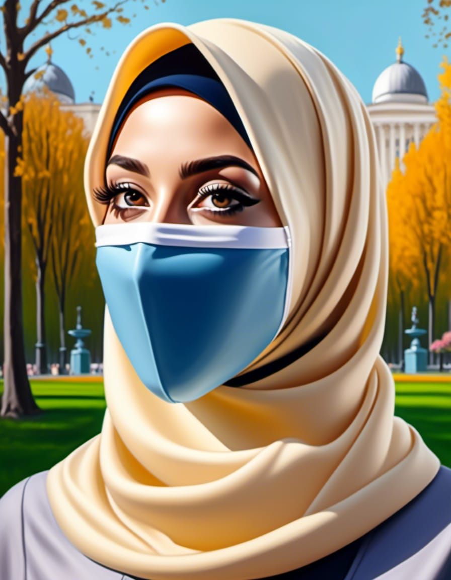 Masked German Hijabi Woman Portrait in Oil-Gouache Style
