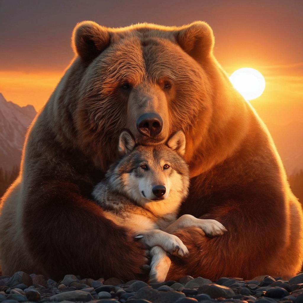 Kodiak Bear Cradling Timberwolf in Sunset Light