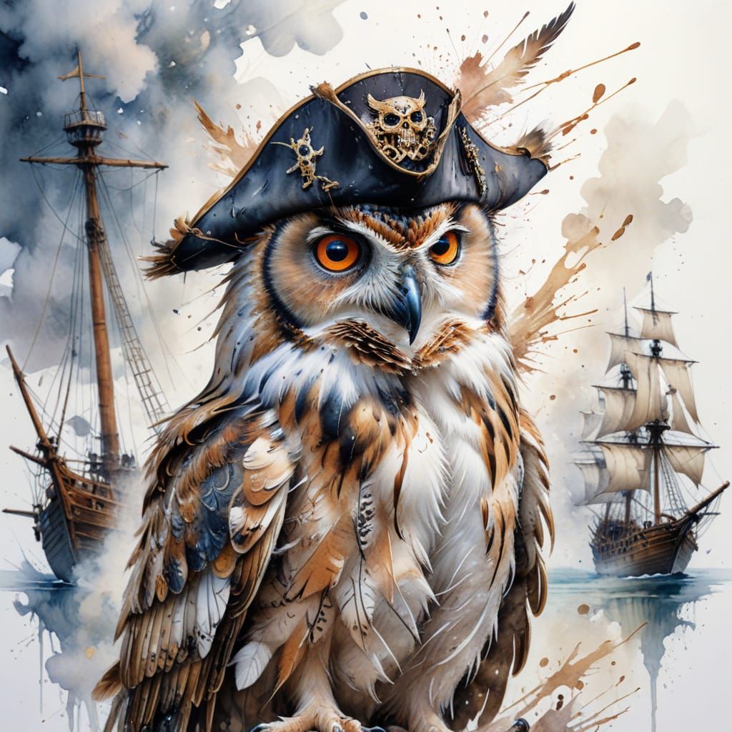 Hyper-Realistic Pirate Owl on Ship, Watercolour Art